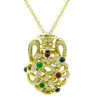 Estate 2.00ct Diamond 2.00ct Precious Stone Gold Pendant Necklace