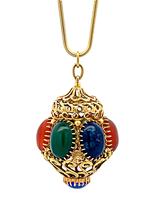 Estate Multi Color Gemstone Yellow Gold Pendant Necklace