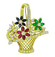 Estate 1.00ct Diamond Multi Color Precious Stone Gold Basket Pin