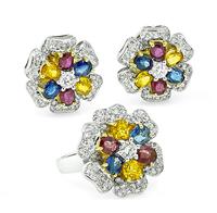 Estate 9.00ct Multi Color Sapphire 3.60ct Diamond Ring and Earrings Set