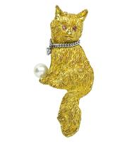Estate Pearl Diamond Gold Cat Pin