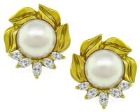 Estate Pearl Diamond Gold Earrings