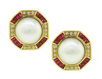 Estate Mabe Pearl 0.70ct Diamond 2.00ct Ruby Gold Earrings