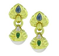 Estate 2.00ct Sapphire 0.50ct Emerald 0.20ct Diamond Pearl Earrings