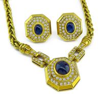 Estate 10.00ct Sapphire 3.00ct Diamond Gold Necklace and Earrings Set