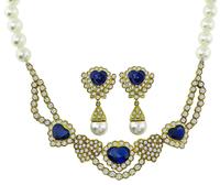 Estate 9.00ct Sapphire 7.00ct Diamond Pearl Heart Necklace and Earrings Set