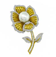 Estate South Sea Pearl 3.50ct Diamond Gold Flower Pin