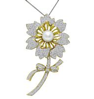 Estate South Sea Pearl 7.00ct Diamond Gold Flower Pin/Pendant