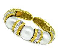 Estate Winc Mabe Pearl 1.75ct Diamond Gold Bangle