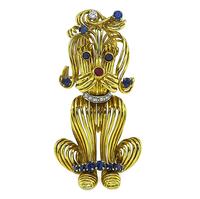 1960s 1.00ct Sapphire Diamond Ruby Gold Dog Pin