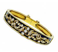 Vintage 1.00ct Diamond Enamel Gold Bangle