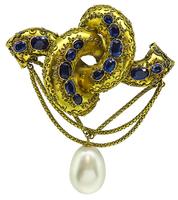 Victorian 6.00ct Sapphire Pearl Gold Pin